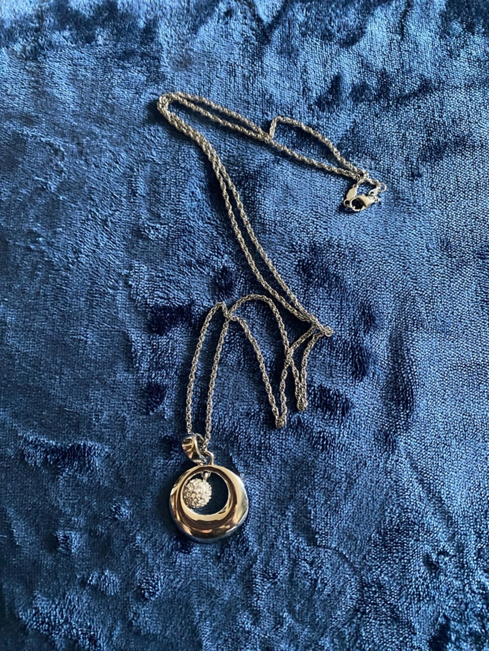 Sterling Silver Crescent Pendant Necklace with Pavé Crystal Accent - Silver